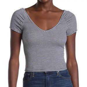 Mauby Stony  Navy & White Stripe V Neck Crop Tee, XXL